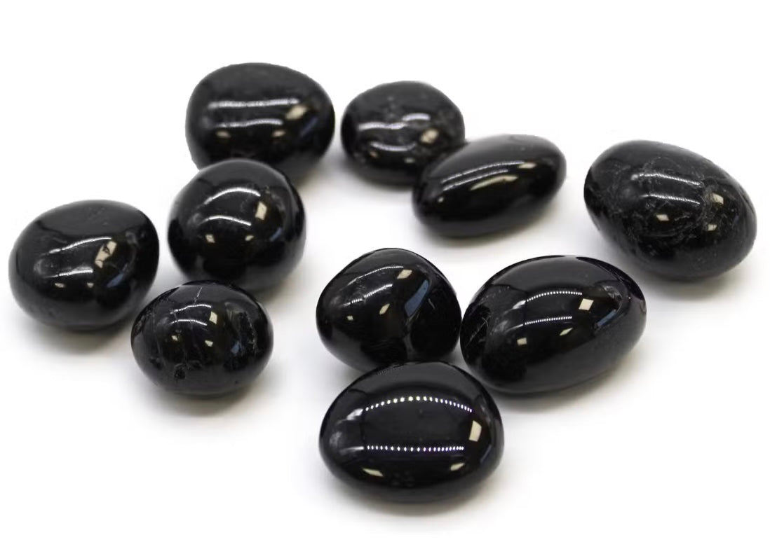 Black Tourmaline tumble stones in deep black colour with smooth polished finish, 20-30mm size for Root Chakra grounding and protection