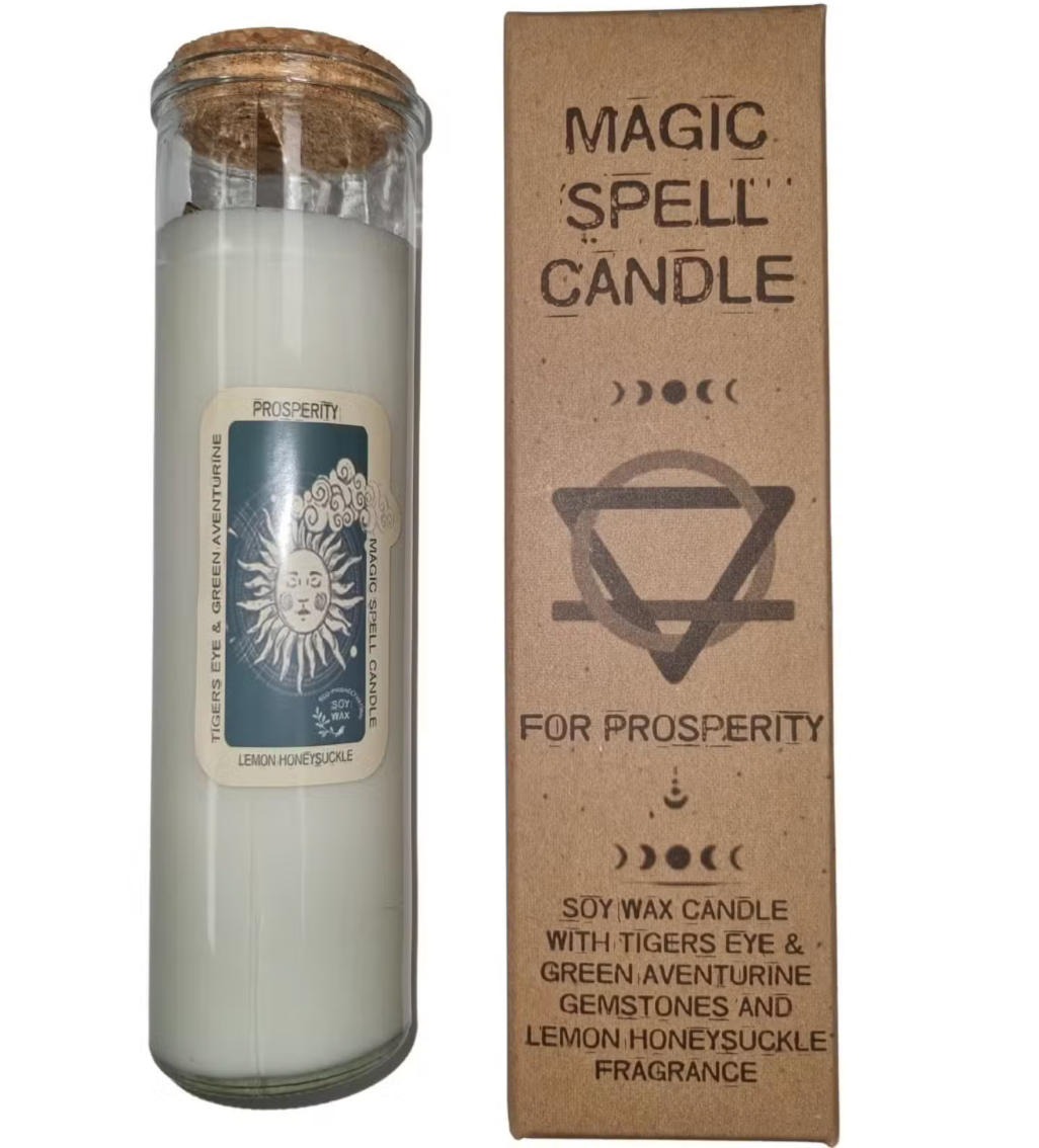 This Magic Spell Candle infused with Tigers Eye gems and Lemon Honeysuckle aroma Bring Prosperity into your life