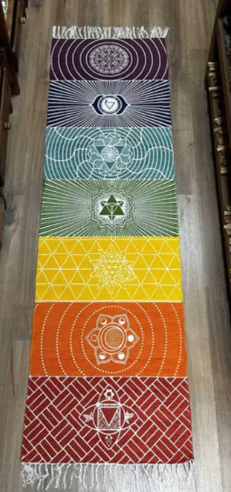 Colorful chakra design mat with geometric patterns on a wooden floor.