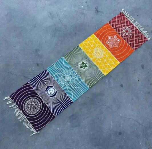 Yoga rug featuring vibrant seven chakra symbols – ideal for meditation, energy alignment, and mindful yoga practice