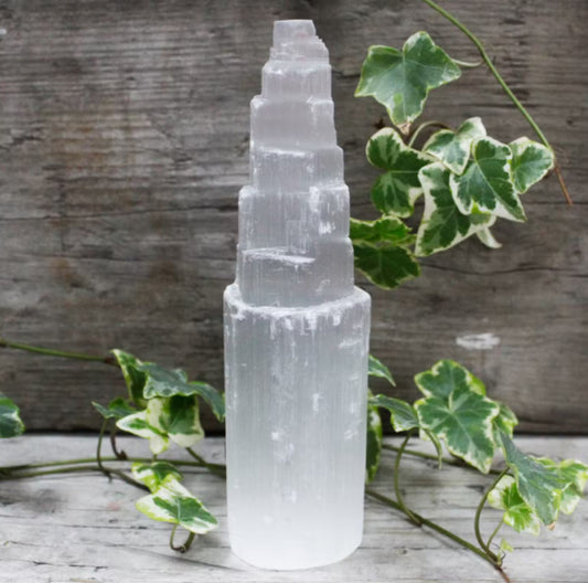 Tall 20cm natural Selenite tower, used for cleansing energy and amplifying spiritual practices