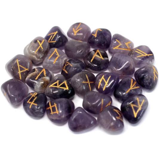 Amethyst rune stone set in pouch – hand-carved amethyst runes for divination, spiritual guidance, and meditation.