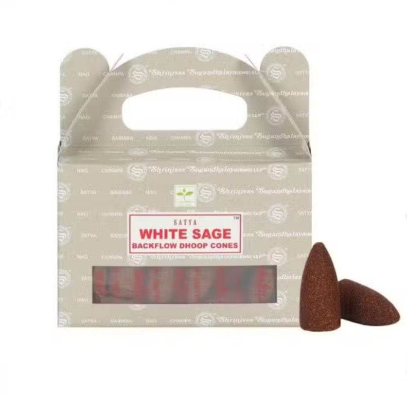 Satya White Sage backflow incense cones designed for use with backflow burners to create a calming smoke cascade