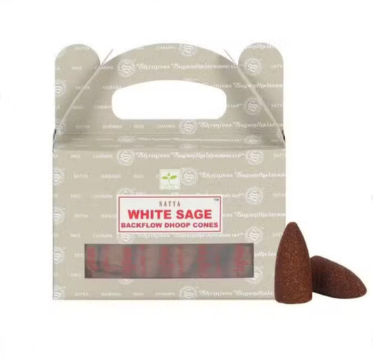 Satya White Sage backflow incense cones designed for use with backflow burners to create a calming smoke cascade