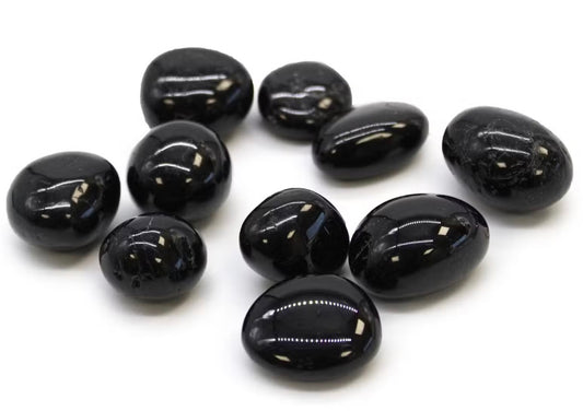 Black Tourmaline tumble stones in deep black colour with smooth polished finish, 20-30mm size for Root Chakra grounding and protection