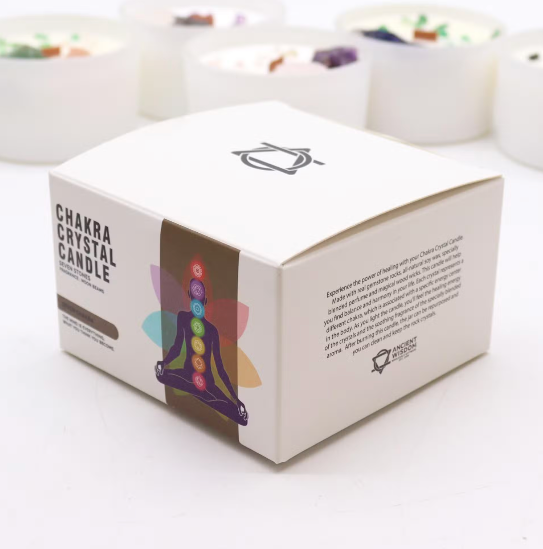 Box of Chakra Crystal Candle with colorful design on a white background