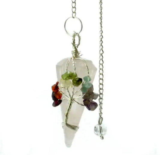 Magic pendulum with seven chakra gemstone beads and rose quartz point – spiritual divination tool for energy healing and chakra.