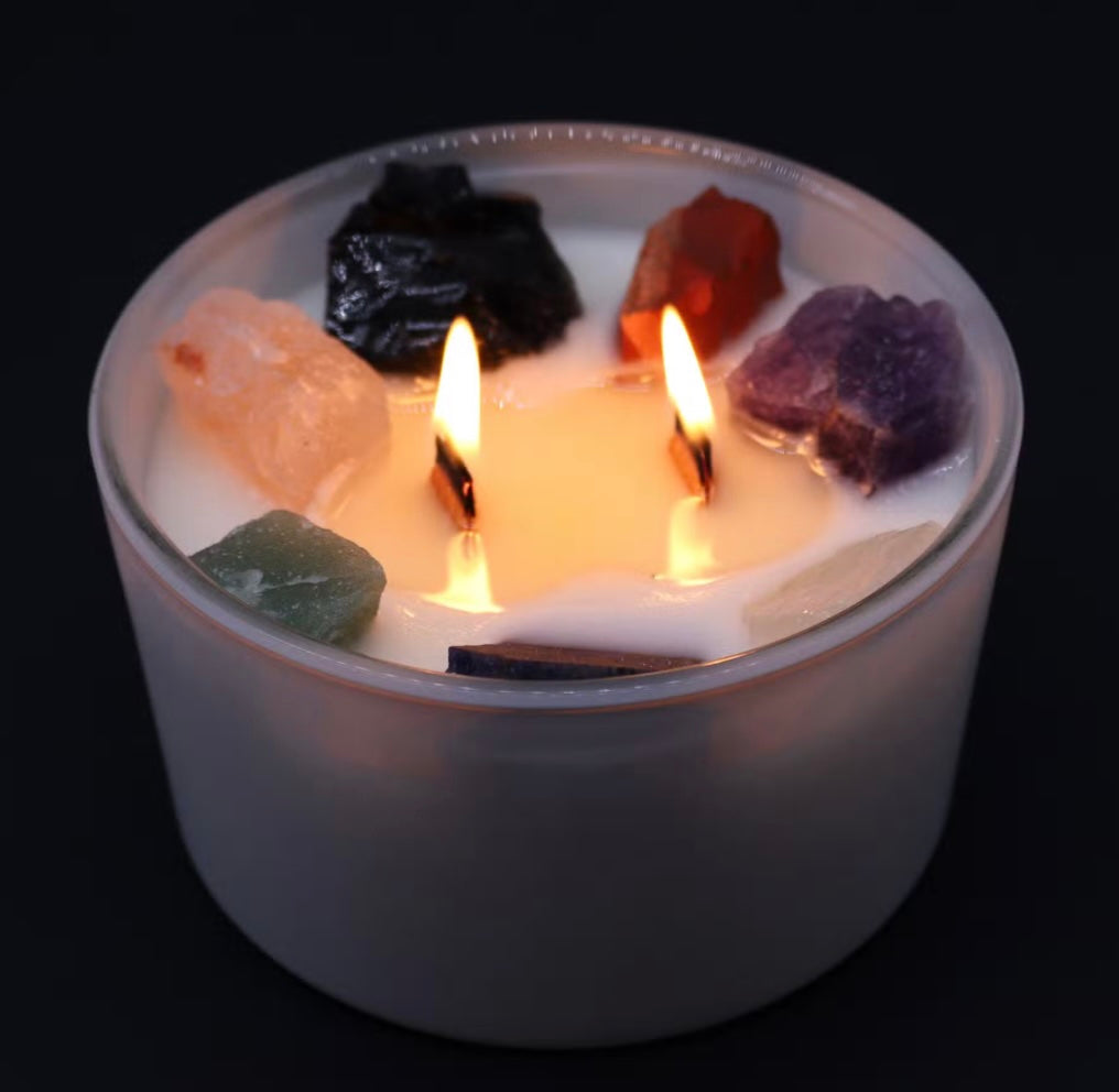 lit crystal seven chakra candle