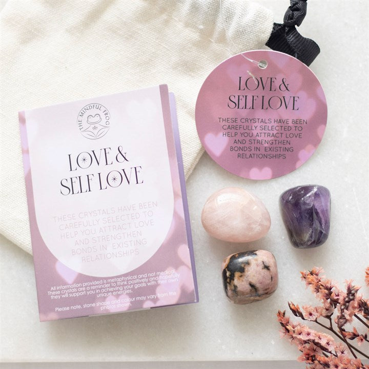 love & self love healing crystal set, contains a drawstring cotton pouch to keep your crystals safe.  amethyst, rhondonite, rose quartz used to heal and strengthen relationship bonds.