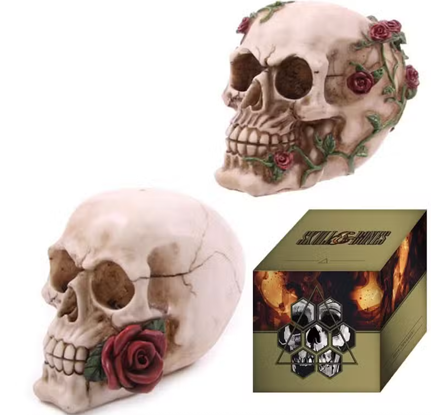 Decorative skull with floral designs and a box featuring similar design elements on a white background.