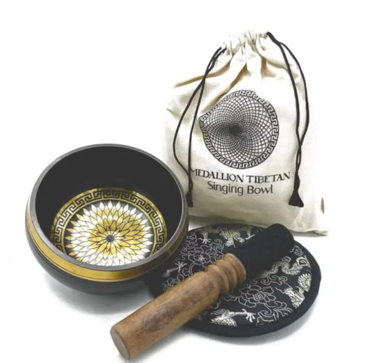 Handmade Tibetan singing bowl kit with wooden striker and cushion – ideal for sound healing, meditation, and spiritual ritual