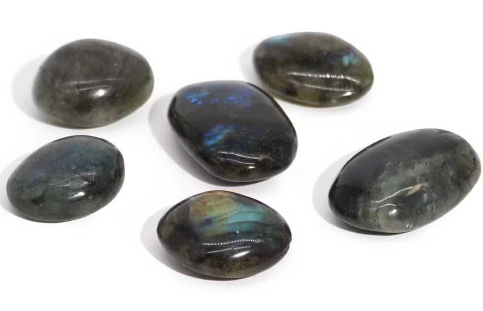 Premium Madagascar Labradorite Palm Stone with shimmering blue green gold colours for Third Eye Chakra meditation.