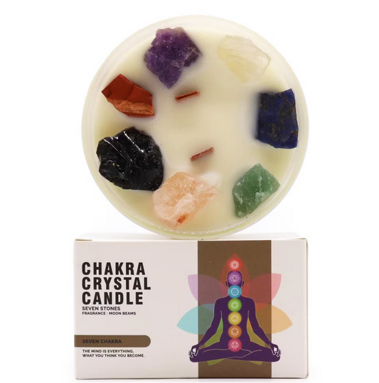 Large seven chakra candle infused with crystal chips for full body energy alignment and healing