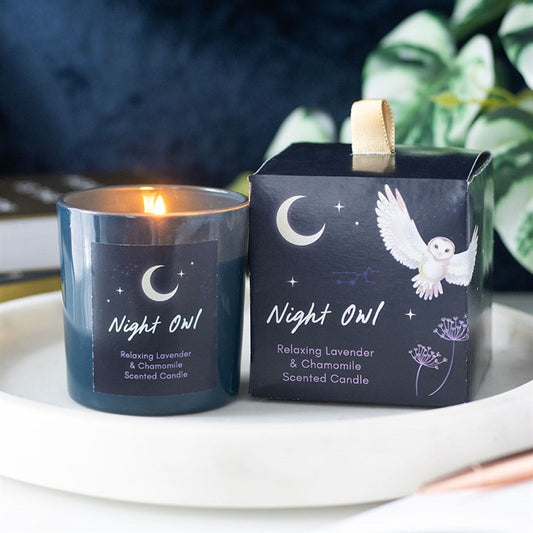 Lavender and chamomile scented Night Owl candle in a calming blue glass jar, perfect for relaxation and sleep aid