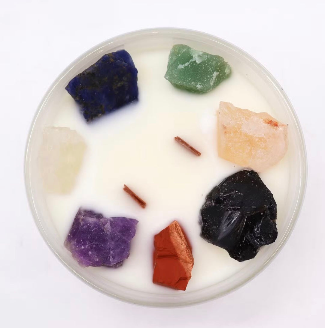 7 chakra crystals infused in candle