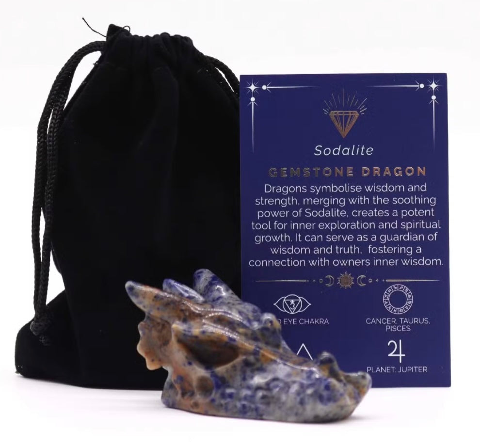 Hand-carved Sodalite dragon head crystal 78g showing deep blue colour for throat chakra communication healing.