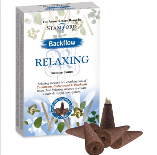 Box of Stamford Backflow Relaxing Incense Cones on a white background