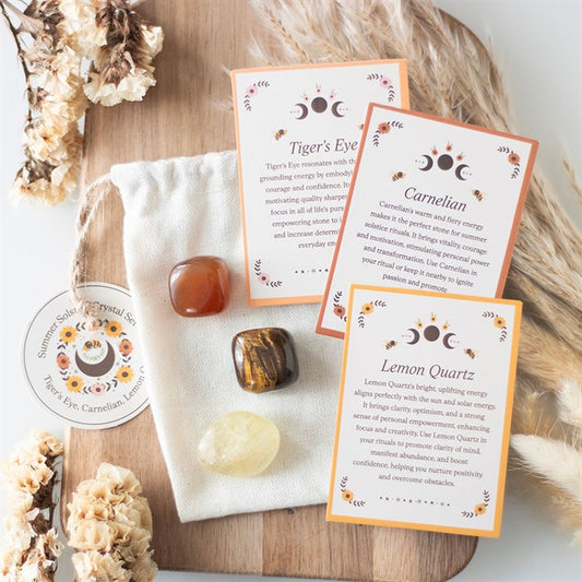 Summer Solstice crystal set featuring polished Tiger’s Eye, Carnelian, and Lemon Quartz stones for energy and vitality