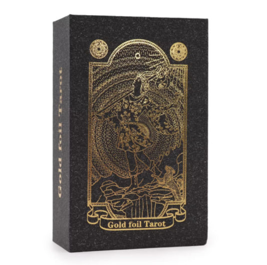Luxury gold foil tarot cards with illustrated guidebook, ideal for divination, spiritual readings, and gifting.