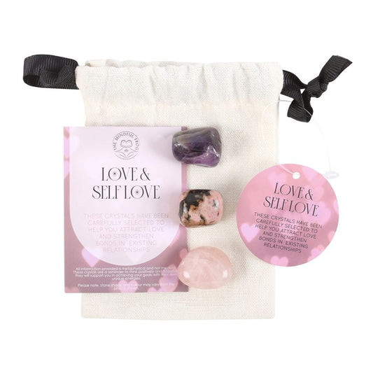 Love and self-love healing set including Rose Quartz, Amethyst, and Rhodonite for compassion and emotional healing.