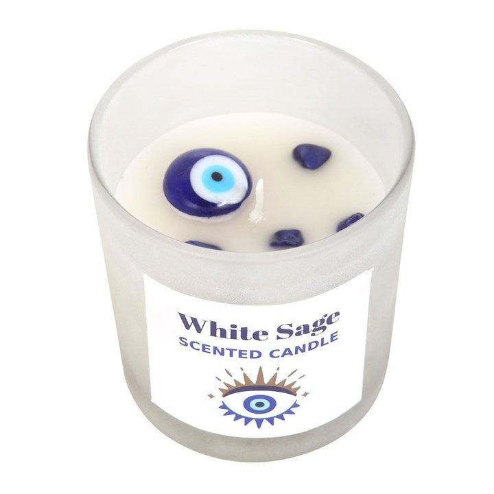 White sage and crystal chip protection candle with an All Seeing Eye symbol for spiritual cleansing and shielding