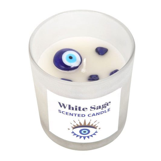 White sage and crystal chip protection candle with an All Seeing Eye symbol for spiritual cleansing and shielding
