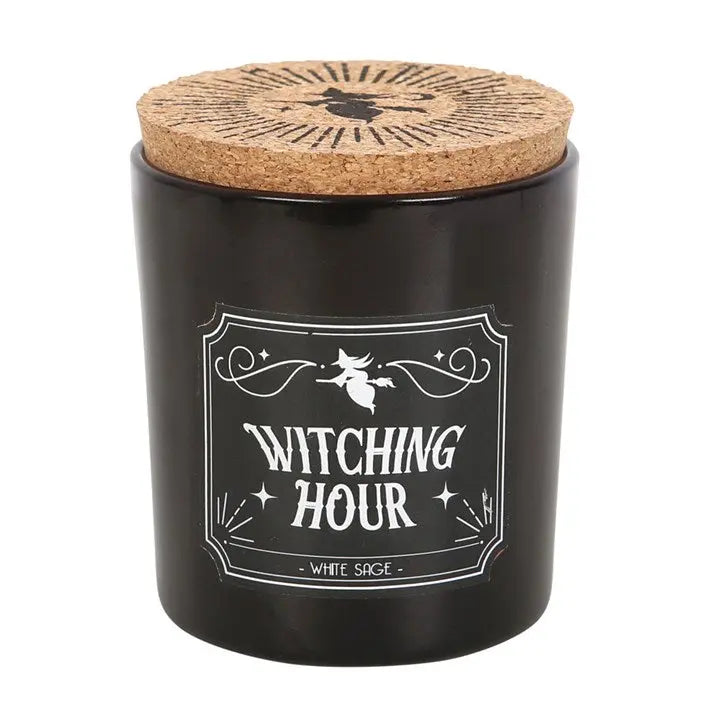 Black candle jar with cork lid labeled 'Witching Hour' on a white background