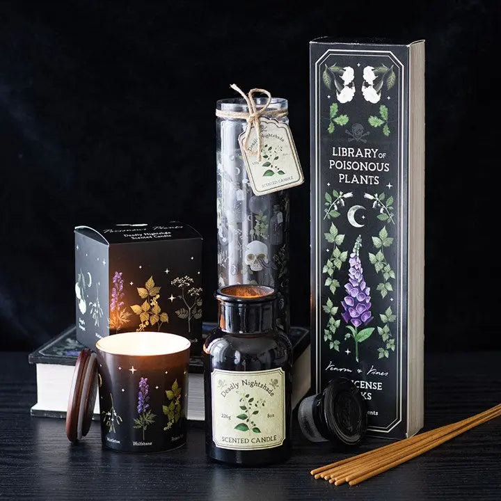 Spooky-themed products including a candle, bottle, and book on a dark surface.