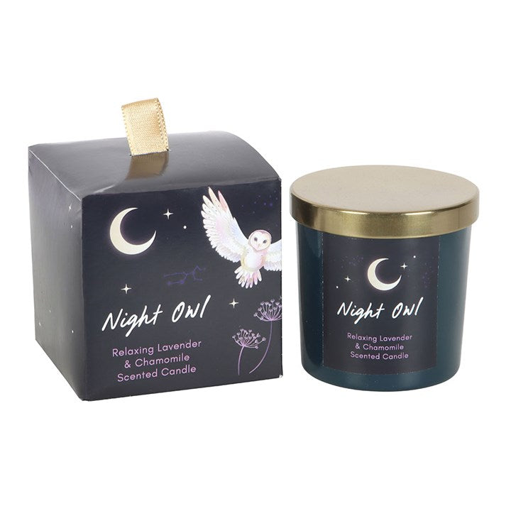 lavender scented candle labeled 'Night Owl' with packaging on a white background