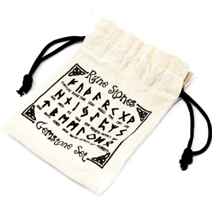 Beige drawstring pouch with black text and decorative elements on a white background