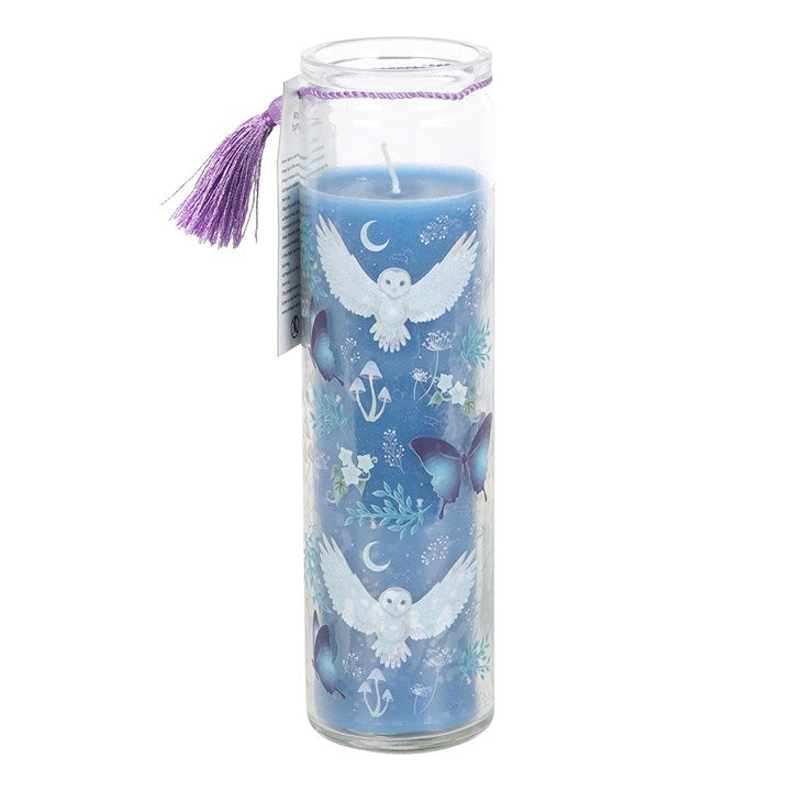 Decorative candle with owl and butterfly design on a white background