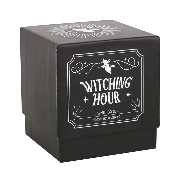 Black gift  box with 'Witching Hour' candle label on a white background
